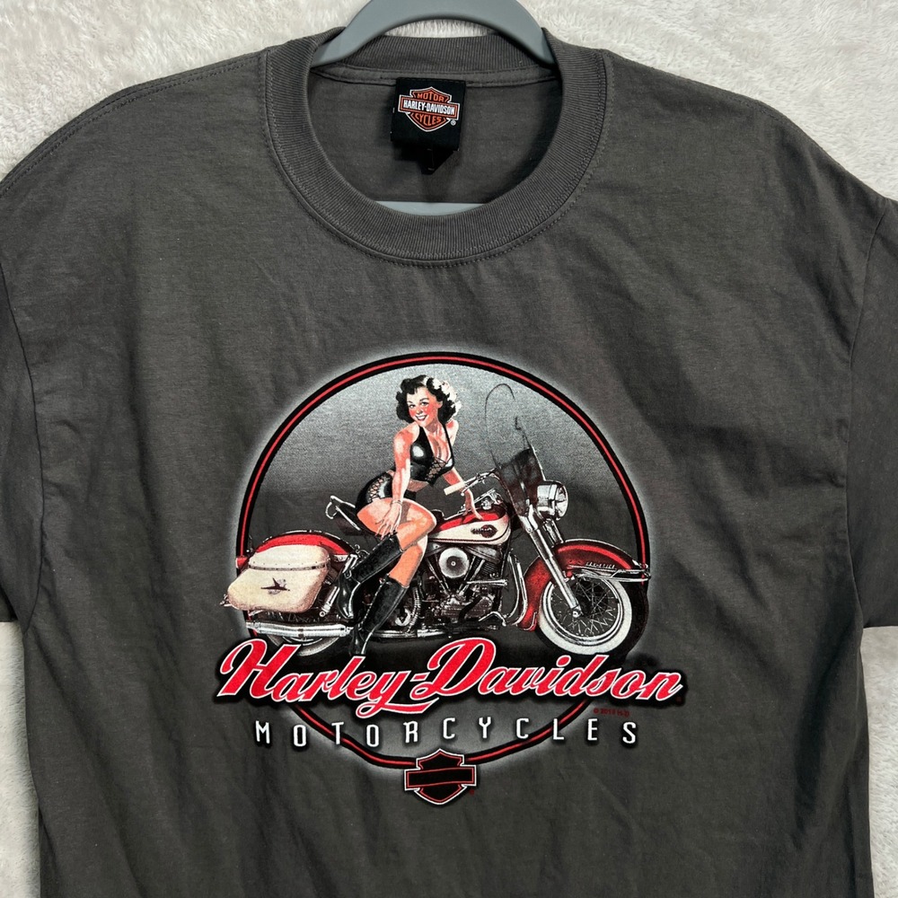 Harley Davidson Mens L Pin Up Girl Motorcycle Graphic Tee Gray Grand Junction CO - Picture 3 of 10